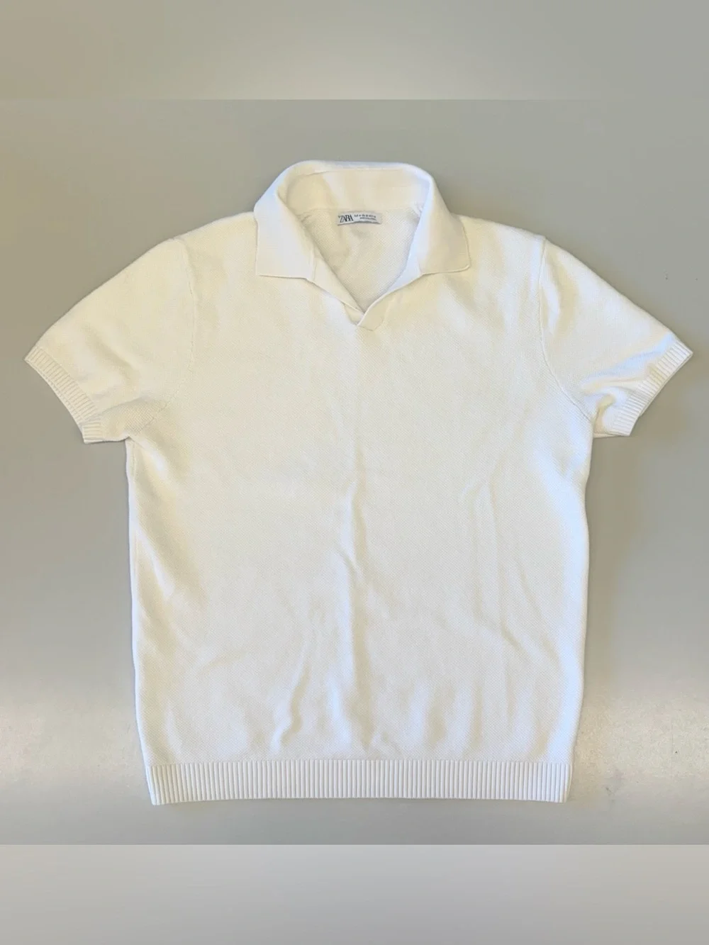 Zara Solid Knit Polo Shirt Men’s M White Short Sleeve Collared Pullover
